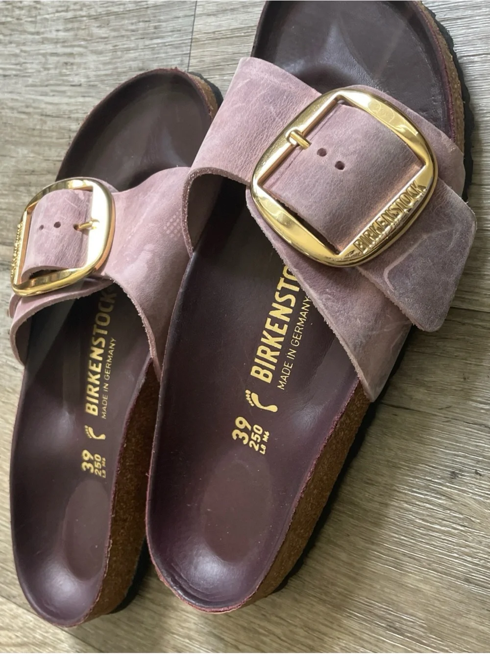 Birkenstock Madrid Soft Pink Suede Slide Sandals with Gold Buckles
